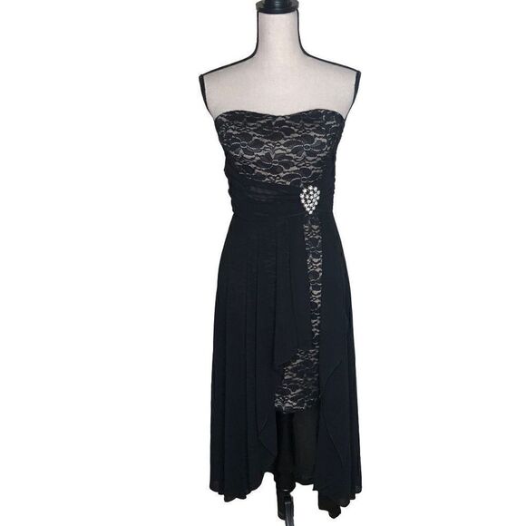 La Scala Black Lace Body Con Evening Dress With Sheer Chiffon Overlay - Picture 1 of 13